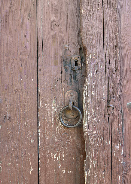 istock Metal ring on an old wooden door 610566642