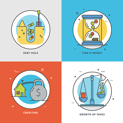 Vector set of economic icons with popular problems and phrasing: debt hole, time is money, crediting, growth of taxes. Colorful flat style perfect for news, mass media and websites.