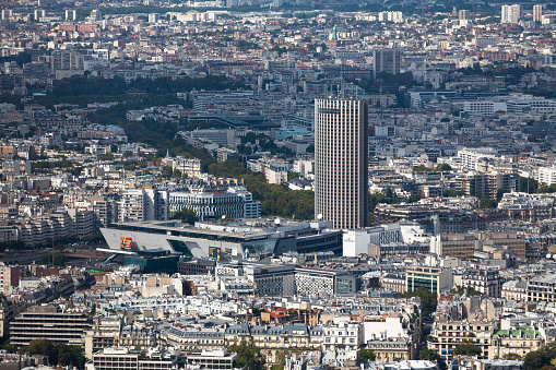 Paris, France - September 01 2016: Aerial view of the Palais des congrès de Paris, a concert venue, convention centre and shopping mall located in the 17th arrondissement of Paris, nearby the Bois de Boulogne and Neuilly-sur-Seine.