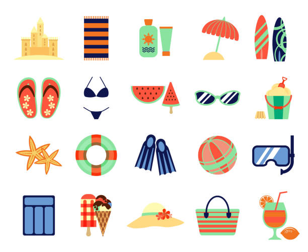 Beach summer vacation flat icons. Vector summertime signs Beach summer vacation flat icons. Vector summertime signs. Summer accessory for vacation, illustration of icon for summer time throwing in the towel illustrations stock illustrations