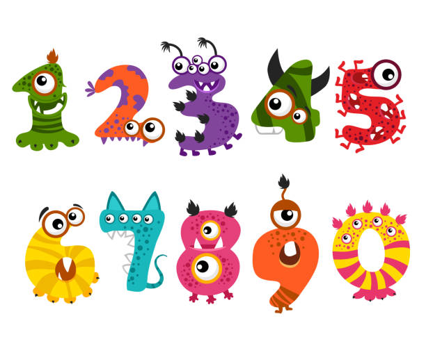 ilustrações de stock, clip art, desenhos animados e ícones de funny cute monster numbers for halloween party event vector - número ilustrações