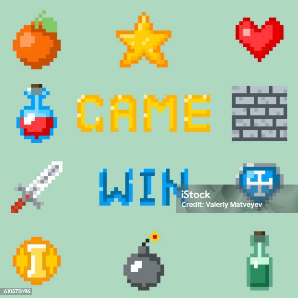 Pixel Games Icons For Web App Or Video Game Interface Stock Illustration - Download Image Now