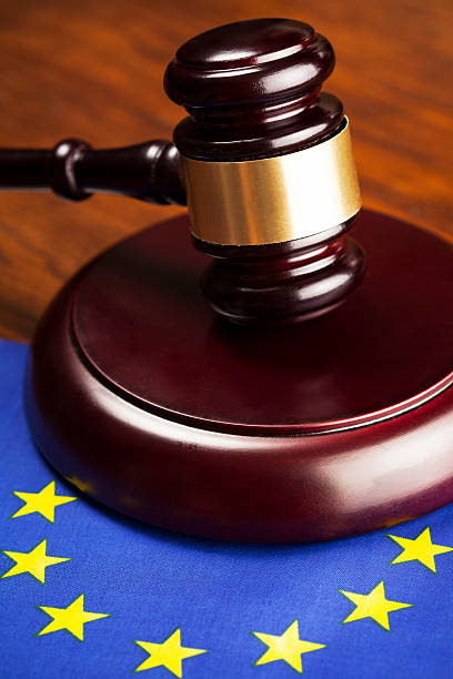 istock Judge's gavel and EU  flag 610576554
