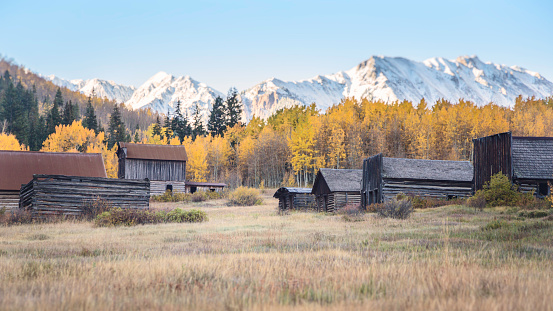 Old log cabins in the ghost town of Ashcroft, Colorado in the Fall.