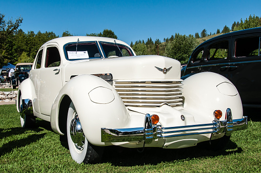 Murphys, California, United States - September 22, 2012: A pearl white 1937 Cord 812 Beverly being displayed at the Ironstone Vineyard Concours de Elegance