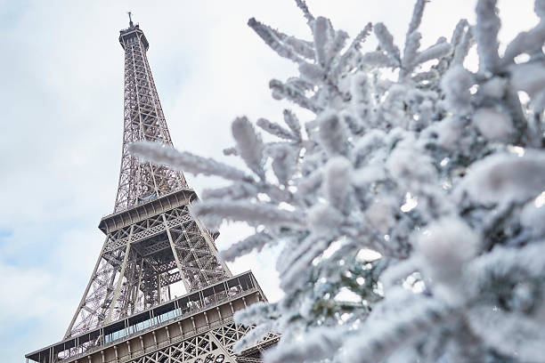 Albero di Natale coperto di neve vicino alla torre Eiffel - foto stock