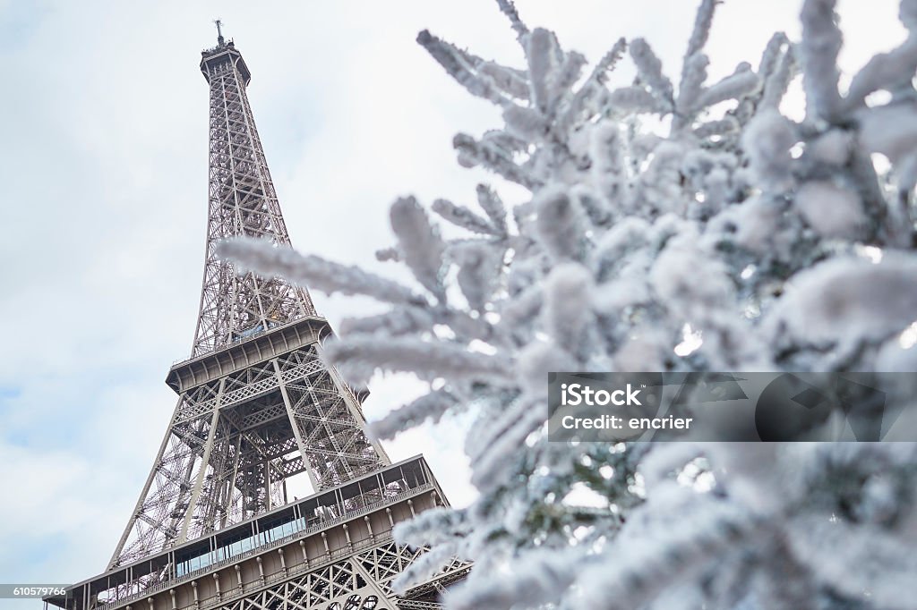 Christmas tree covered with snow near the Eiffel tower Christmas tree covered with snow near the Eiffel tower in Paris, France Winter Stock Photo