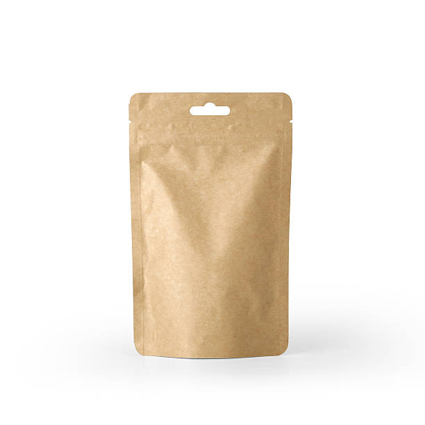 Craft paper pouch bag front view isolated on white background.