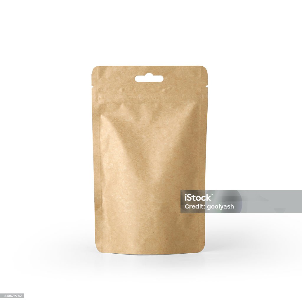 Craft paper pouch bag front view isolated on white background. Craft paper pouch bag front view isolated on white background. Packaging template mockup collection. With clipping Path included. Box - Container Stock Photo