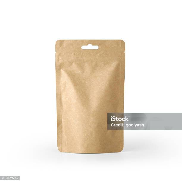 Craft Paper Pouch Bag Front View Isolated On White Background Stock Photo - Download Image Now