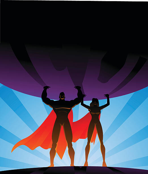 Superhero Couple Lifts a Big Globe in Silhouette A vector illustration of a superhero couple lifting a big globe above their head in silhouette. Wide space available for your copy. AICS5 file included. superheld stock illustrations