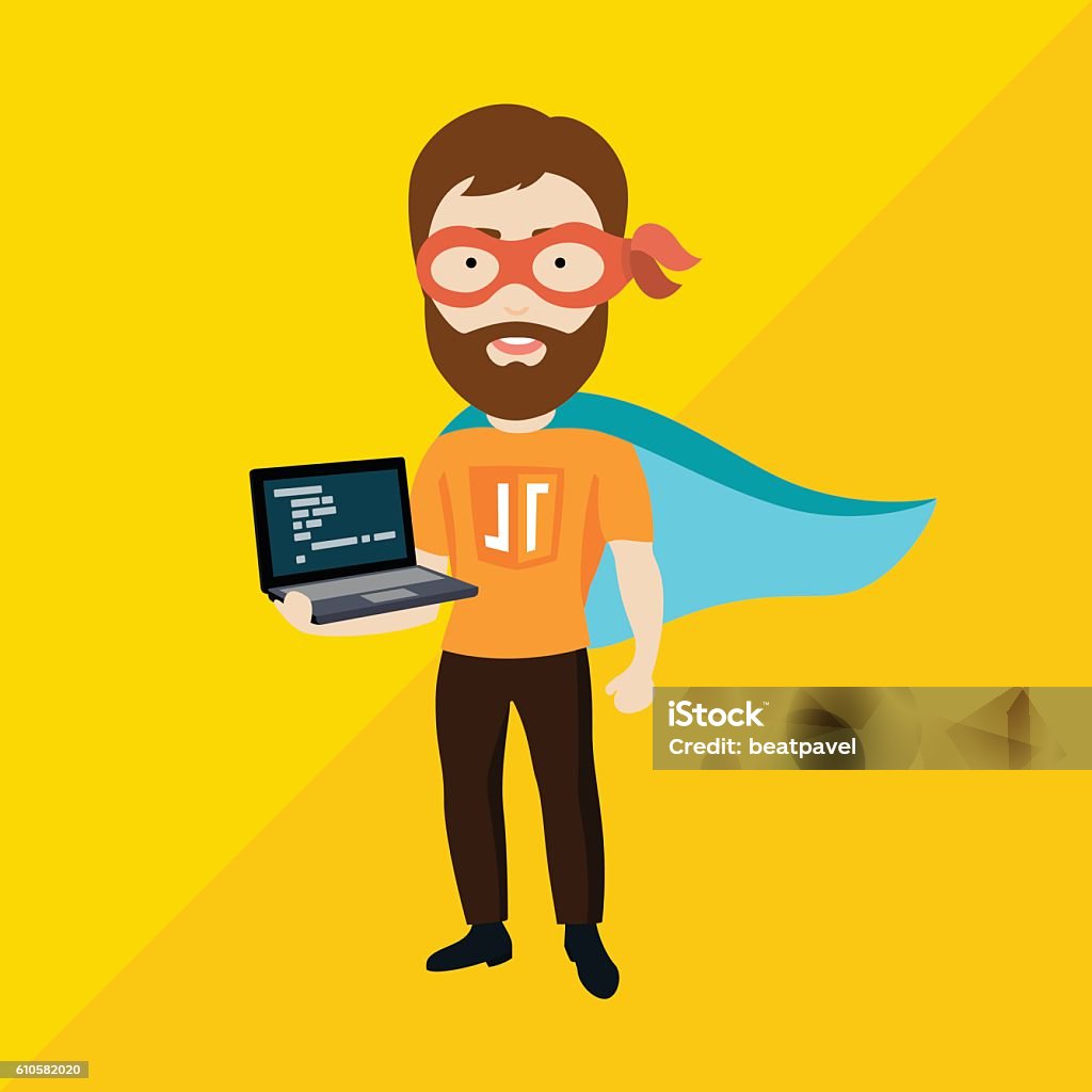 Java Script Specialist as Superhero Conceptual Vector Flat Illustration of a Man With Laptop Depicting His Advanced Skills in Programming Nerd stock vector