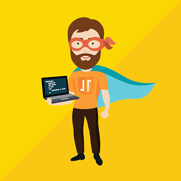Java Script Specialist as Superhero Conceptual Vector Flat Illustration of a Man With Laptop Depicting His Advanced Skills in Programming nerd stock illustrations
