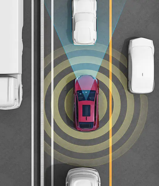 Concept illustration for auto braking, lane keeping functions. 3D rendering image.