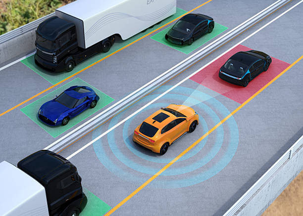 istock Concept illustration for auto braking, lane keeping functions 610584356