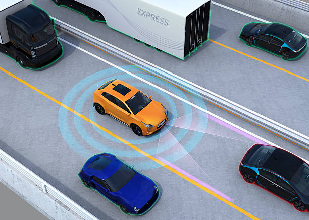 istock Concept illustration for auto braking, lane keeping functions 610584378