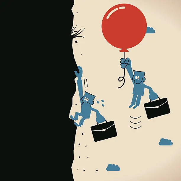 Vector illustration of Businessman, balloon floating in the air, climbing up the mountain