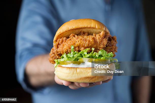 Shack Fried Chicken Hamburger With Lettuce And Sliced Cucumber O Stock Photo - Download Image Now