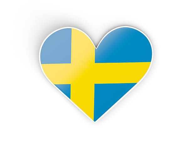 Metal icon of the national flag of the Sweden with a location indicator. On a white background with a shadow. 3D rendering.