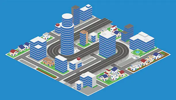 Vector illustration of modern city and building, road and overhead highway