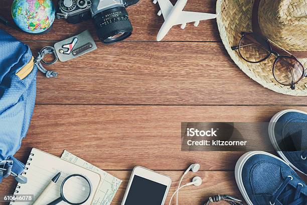 Overhead View Of Travelers Accessories And Items Stock Photo - Download Image Now - Travel, Vacations, Group Of Objects