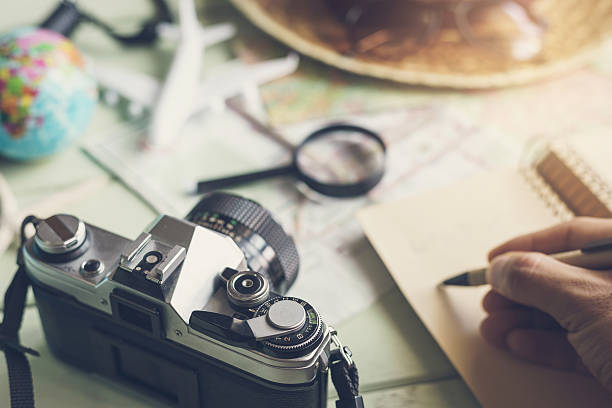 istock Map and accessories of traveler with retro camera 610646176