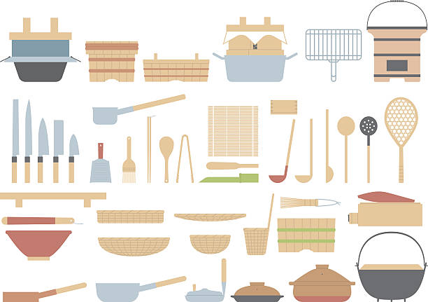 ilustraciones, imágenes clip art, dibujos animados e iconos de stock de utensilios de cocina a la antigua usanza de los japoneses. cultura tradicional de japón. - washtub
