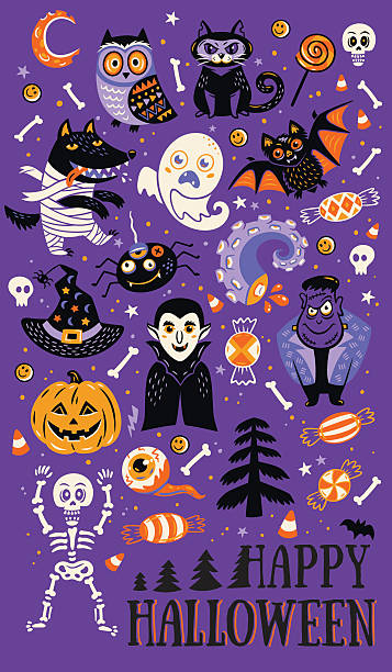 Set of cartoon characters and elements for Halloween - ilustração de arte vetorial