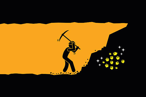 Man digging and mining gold in an underground tunnel Person worker digging and mining for gold in an underground tunnel. Vector artwork depicts hard work, success, achievement, and discovery. dedication industry stock illustrations