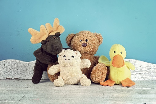Group of stuffed animal toys, Animal dolls, Friendship concept.