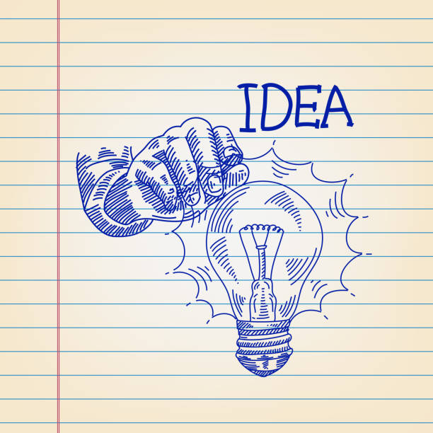 illustrazioni stock, clip art, cartoni animati e icone di tendenza di idea concetto disegno su carta rigata - light bulb inspiration ideas inks on paper