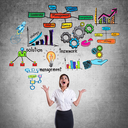 Young businesswoman standing in front of wall and looking up at team management infographic concept.