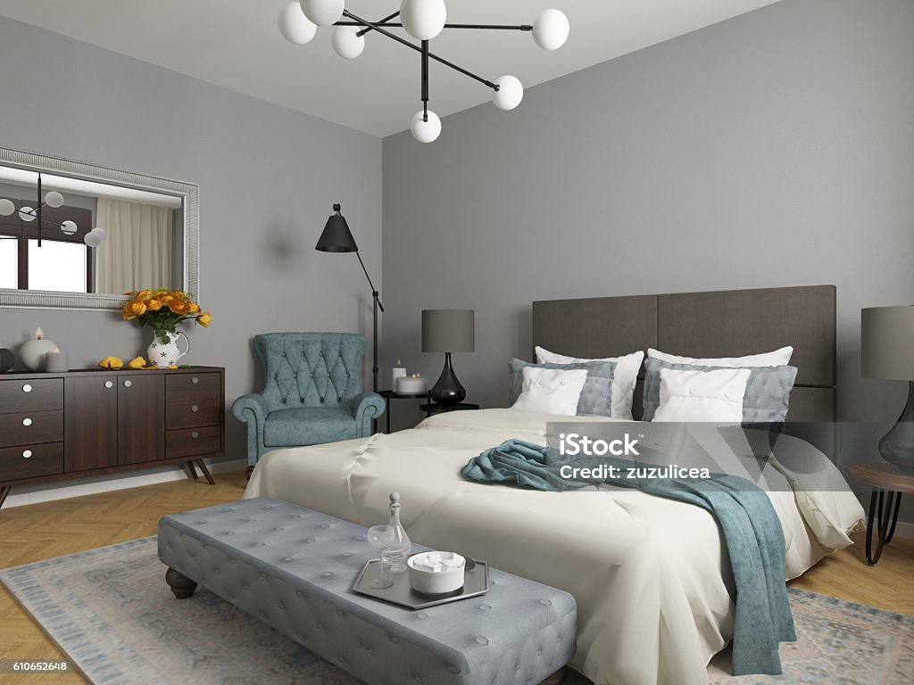 elegant bedroom interior modern bedroom interior, 3d render Bedroom Stock Photo
