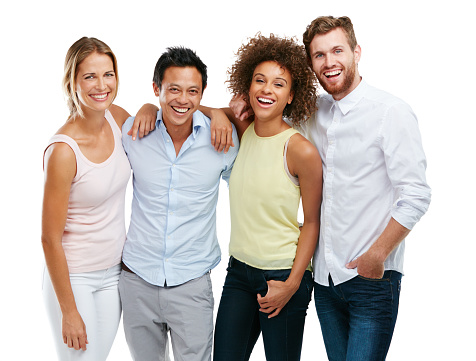 Studio portrait of a diverse group of people posing against a white background