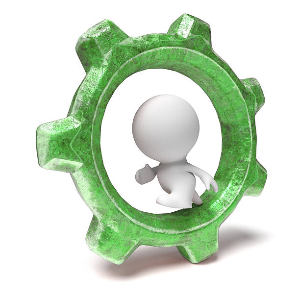 istock white 3d human character running in a green gear-wheel 610656106