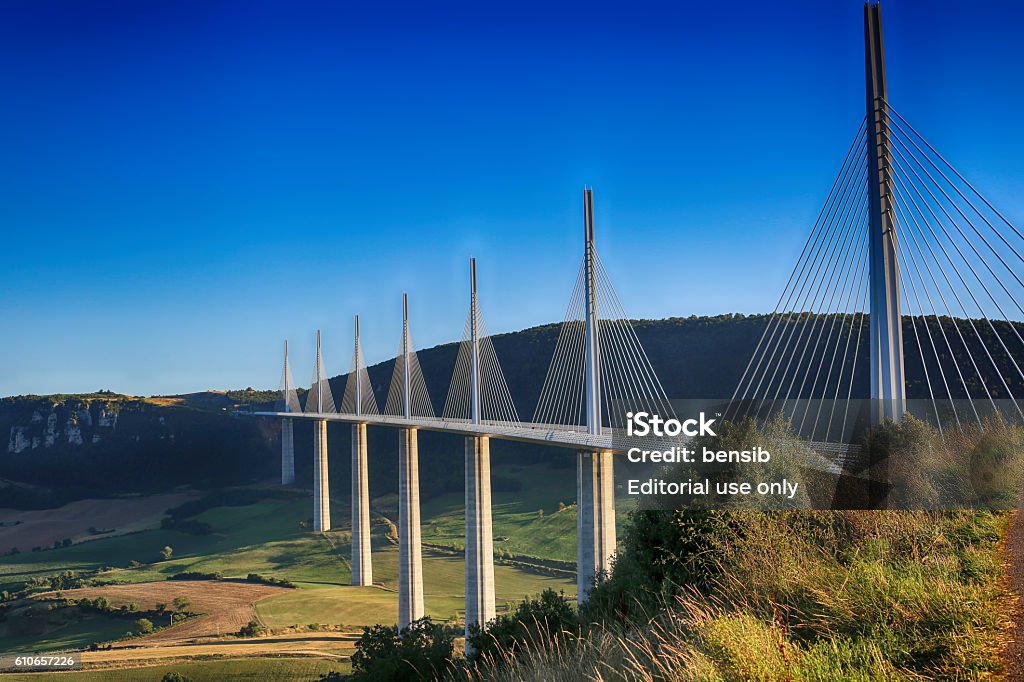 Millau Viaduct, Aveyron Deparement, France Millau, France - August 21, 2016: The Millau Viaduct Is The Tallest Bridge In The World with One Mast's Summit At 343 Metres Above The Base Of The Structure. Aveyron, Midi Pyrenees, France Millau Stock Photo