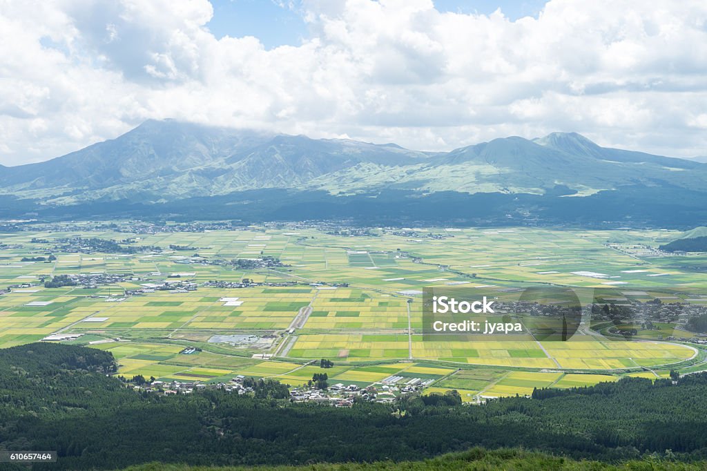 The view of Aso mountain. The view of Aso mountain. There is Aso mountain, rice field, town, forest and grasses in Japan. Aso City Stock Photo