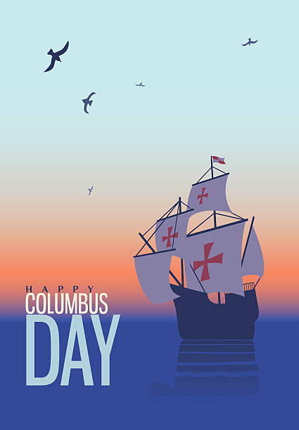 illustrazioni stock, clip art, cartoni animati e icone di tendenza di columbus day. vecchia goletta. santa maria. biglietto di auguri - caravel nautical vessel sailing ship passenger ship