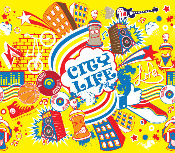 ilustrações de stock, clip art, desenhos animados e ícones de colorful city life horizontal seamless pattern. urban city vector illustration - extreme sports audio