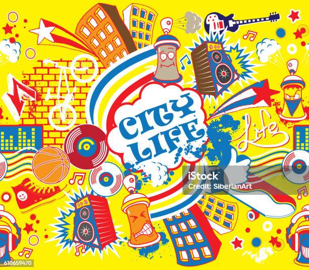 Colorful City Life Horizontal Seamless Pattern Urban City Vector Illustration Stock Illustration - Download Image Now