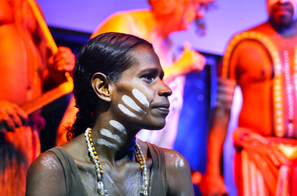 Yirrganydji Aboriginal woman and men in Queensland Australia Yirrganydji Aboriginal woman and men during cultural show in Queensland, Australia. indegious culture stock pictures, royalty-free photos & images