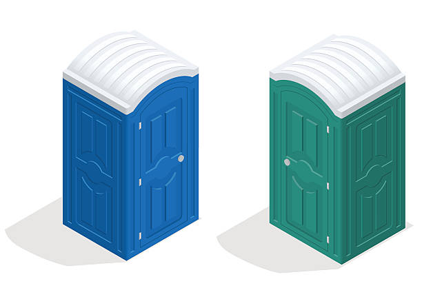 Isometric bio toilet cabin. Blue and green. Hiking services Isometric bio toilet cabin. Blue and green. Hiking services. Flat color style vector icon. Outhouse stock illustrations