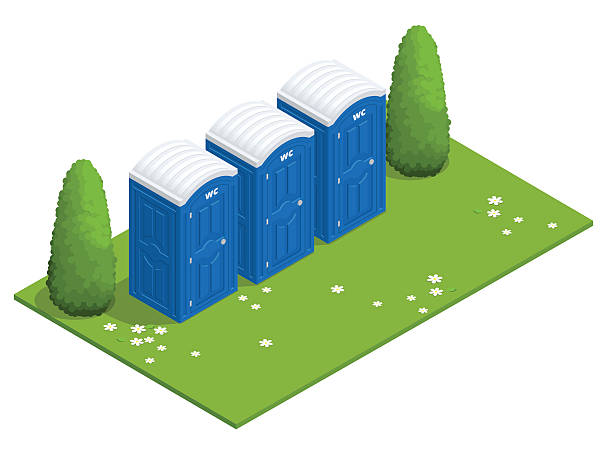 Isometric Bio mobile toilets on grass. Isometric Bio mobile toilets on grass. Blue bio toilet in park. Hiking services. Flat color style illustration icon Bio toilet. Bio toilet concept. Street bio toilet Outhouse stock illustrations
