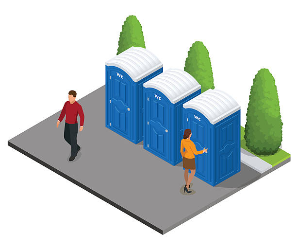 Isometric Bio mobile toilets in the city. Isometric Bio mobile WC in the city. Blue bio toilet in the city. Hiking services. Flat color style illustration icon Bio toilet. Bio toilet concept. Street bio toilet Outhouse stock illustrations