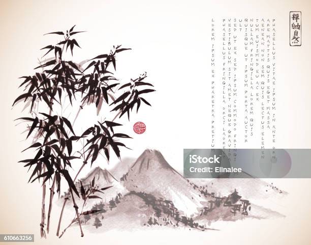 Vetores de Bambu Árvore E Montanhas Desenhados Com Tinta Em Vintage e mais imagens de Japão