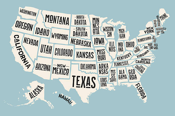 ilustraciones, imágenes clip art, dibujos animados e iconos de stock de mapa de carteles estados unidos de américa con nombres de estado - mapa ilustraciones