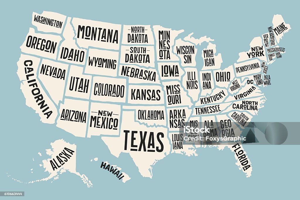 주 이름으로 미국 포스터 지도 - 로열티 프리 미국 벡터 아트