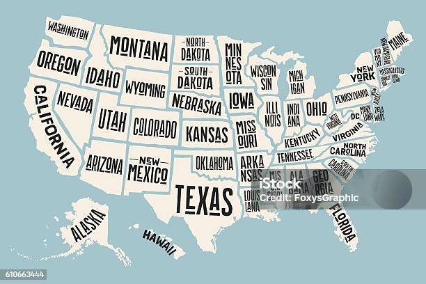 주 이름으로 미국 포스터 지도 미국에 대한 스톡 벡터 아트 및 기타 이미지 - 미국, 지도, 벡터