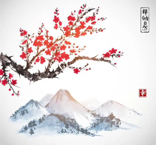 Vector illustration of Sakura in blossom and mountains on white background. Contains hieroglyphs