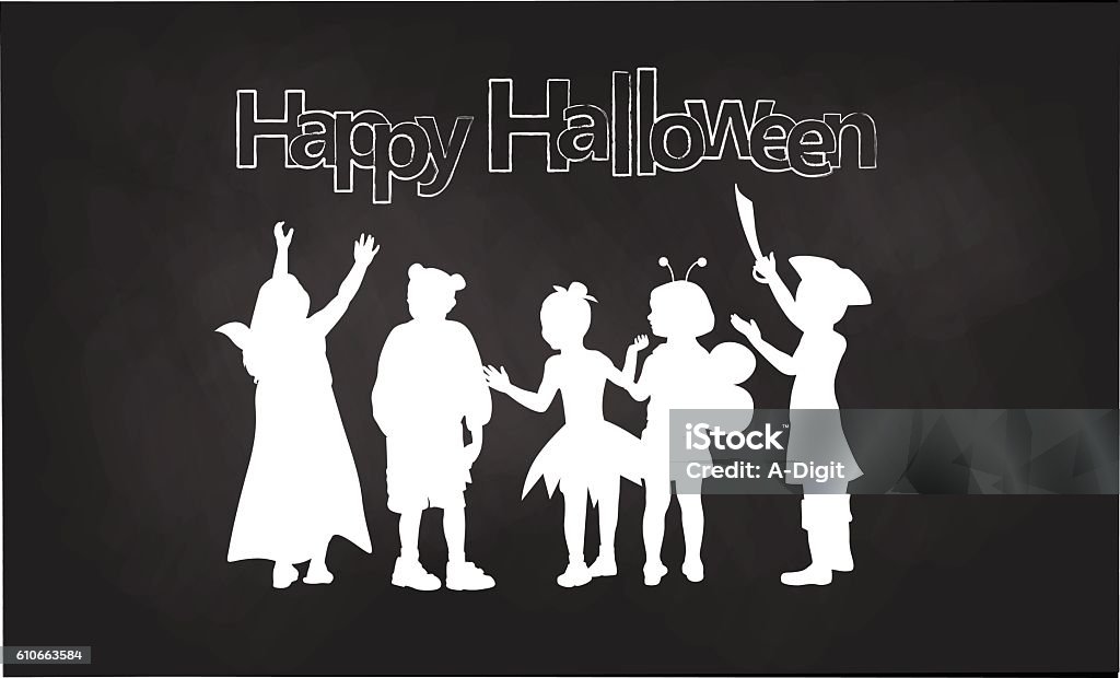 Halloween Costumed Kids Chalk Silhouettes A chalk outline vector silhouette illustration of children trick or treating dressed in costumes including a vampire, fairy, ladybug, and pirate. Child stock vector